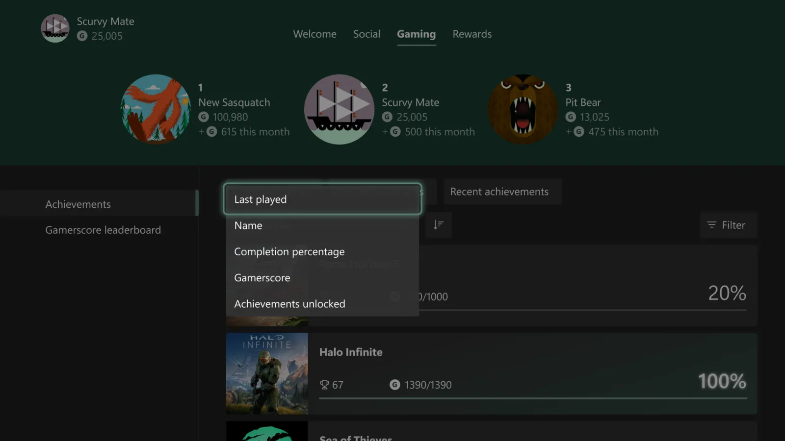 Xbox Wire promotional image showing the new achievement sorting options landing in the Insiders update