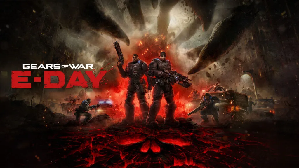 Gears of War E-Day key art showing Marcus Fenix with a Lancer in a ruined city