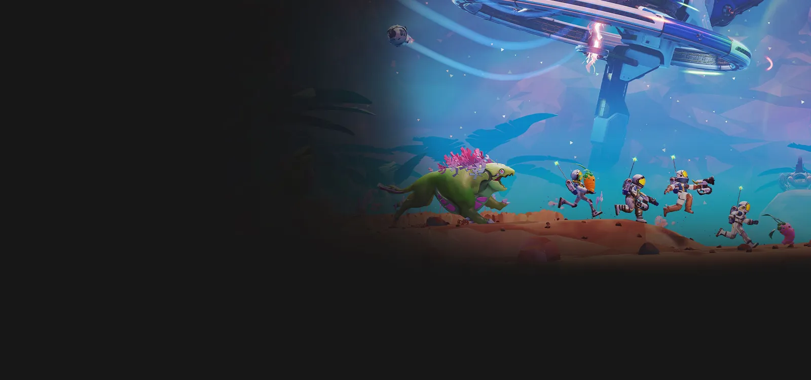 Key art for Starseeker Astroneer Expeditions showing astronauts running from an alien monster