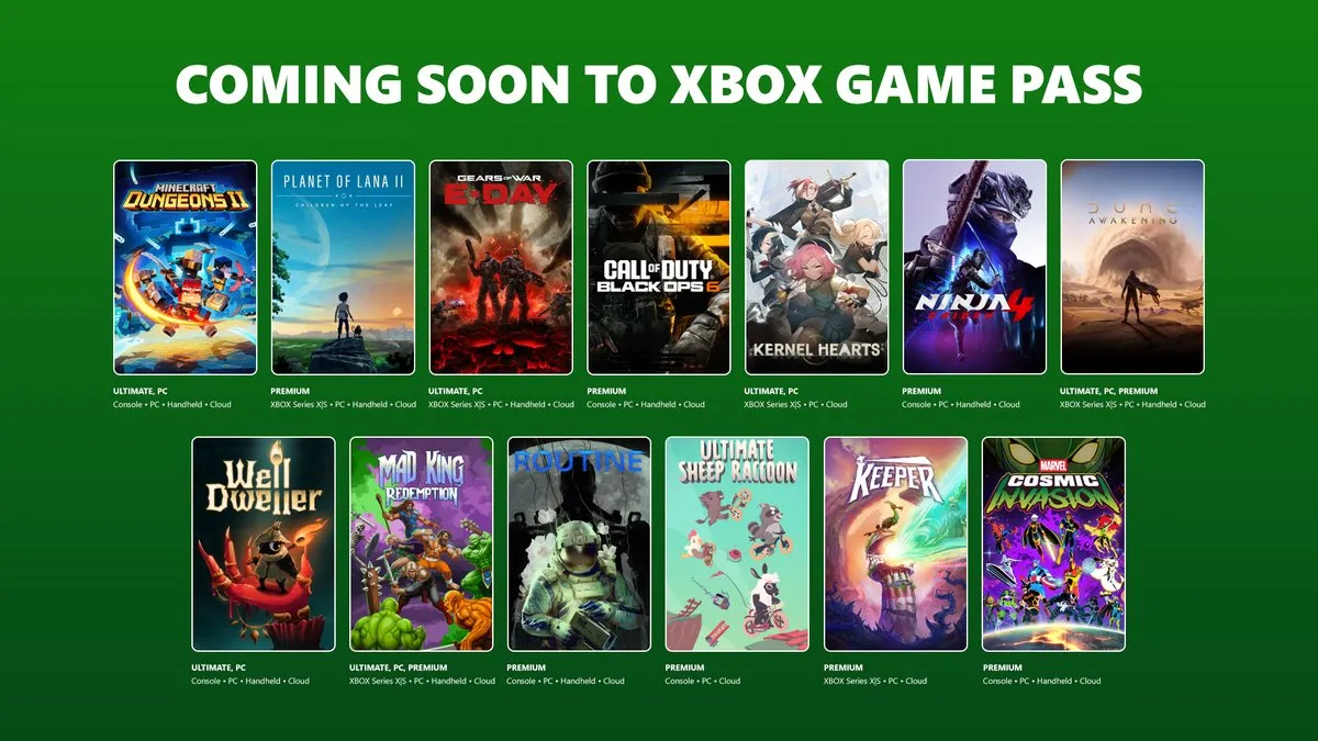 Collage of upcoming Xbox Game Pass titles including Ninja Gaiden 4, Gears of War E Day and Dune Awakening