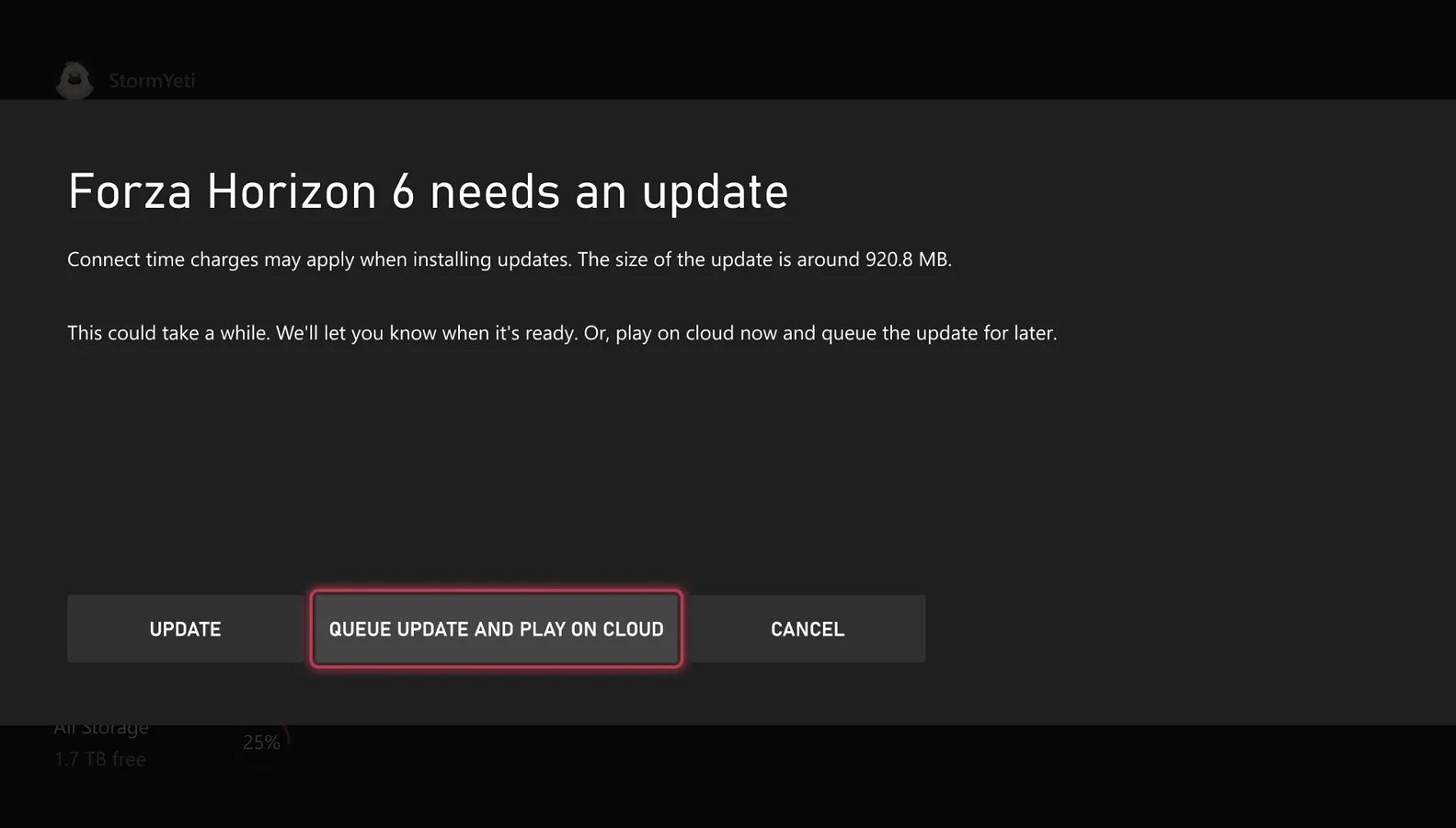 Xbox game card showing the play with cloud gaming option during an active update download