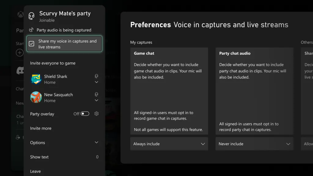 Xbox dashboard showing the new Include Voice Chat in Game Captures toggle inside the Capture settings menu