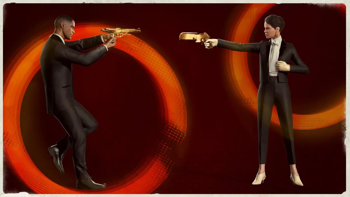 Colt and Julianna from Deathloop wearing tuxedos and pointing golden weapons at each other in official Arkane Studios promotional artwork