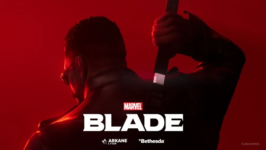 Marvel's Blade key art showing a silhouette of the vampire hunter reaching for a sword on his back against a red background with Arkane Lyon and Bethesda logos