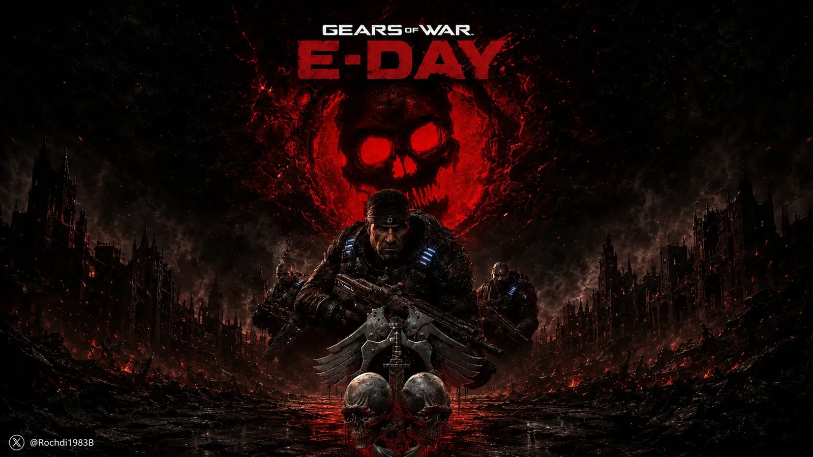 Official Gears of War artwork for the Xbox exclusive era featuring E-Day branding