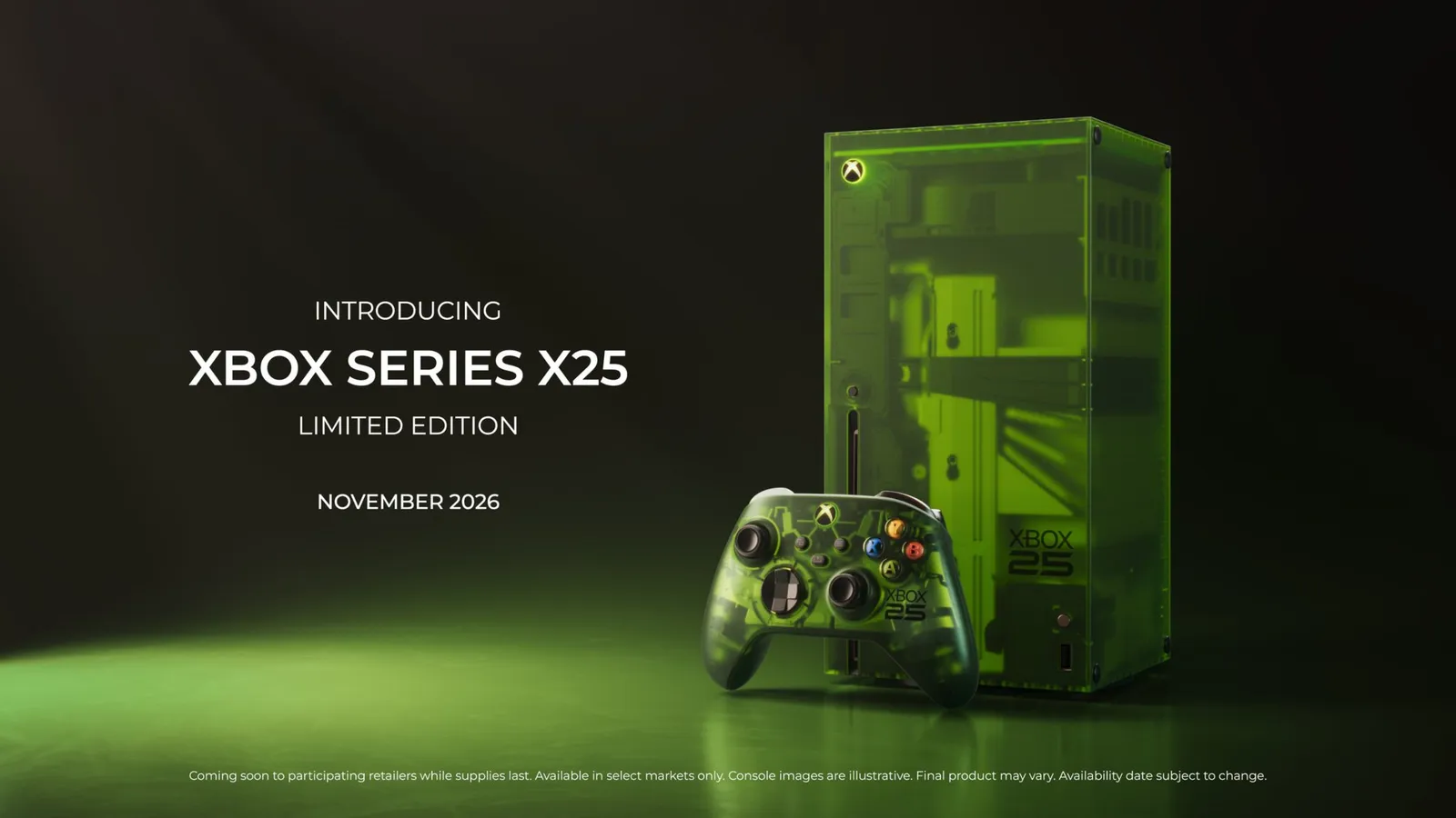 Xbox Series X25 Limited Edition console and Special Edition controller lit in green against a black background, launching November 2026