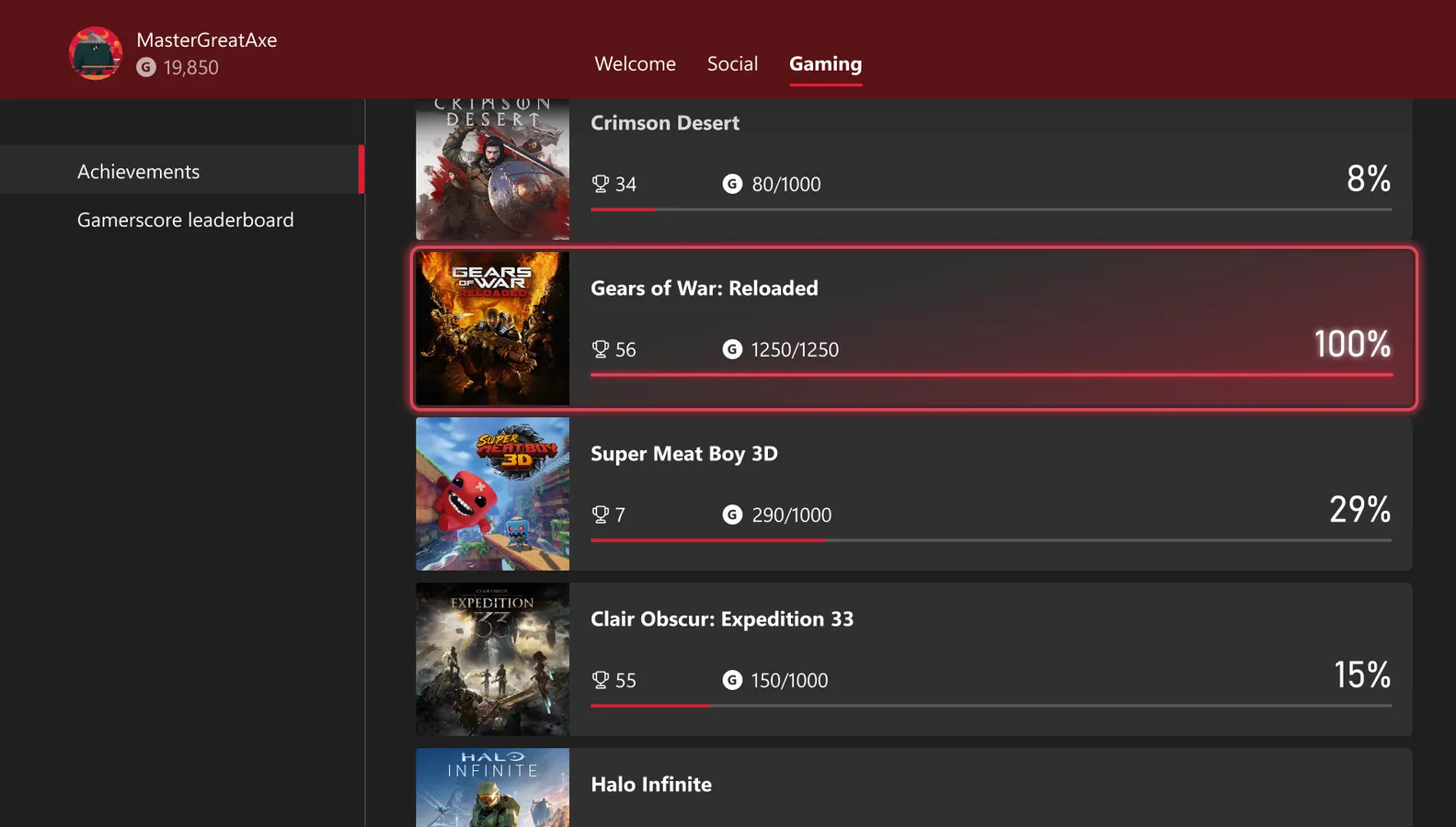 Xbox achievements list highlighting a game with 100 percent of Gamerscore earned