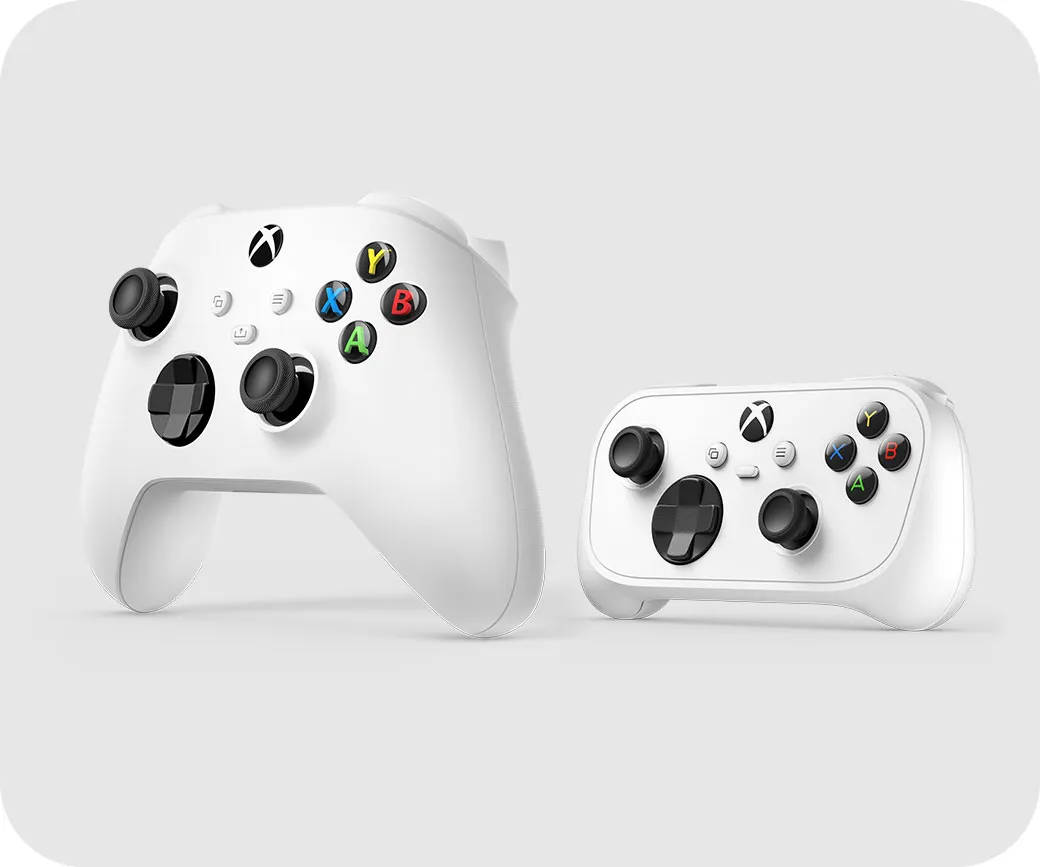 The Xbox Nano Controller shown side by side with the standard Xbox Wireless Controller to compare size
