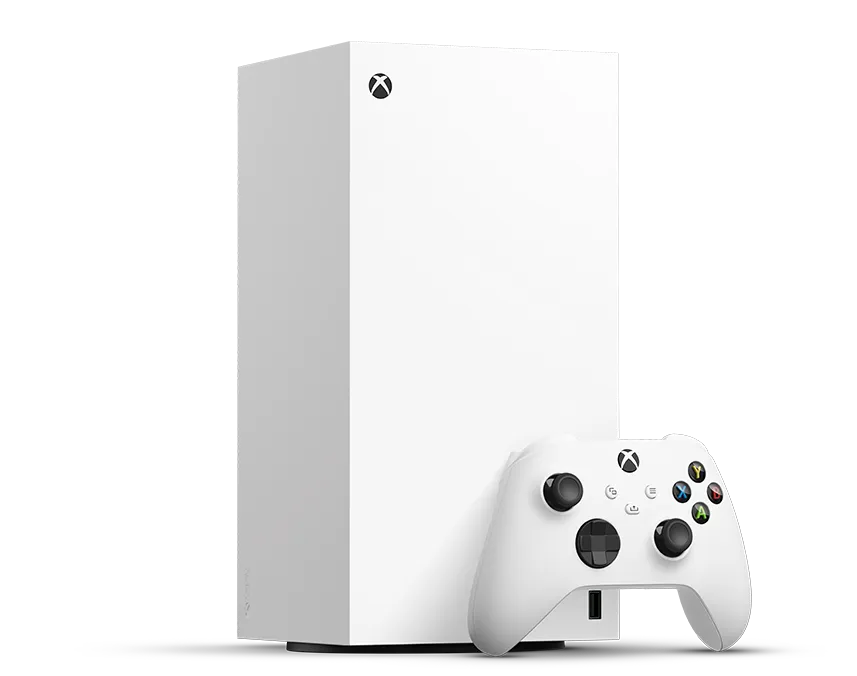 Xbox Series X 1TB All-Digital Robot White console with a matching Xbox Wireless Controller