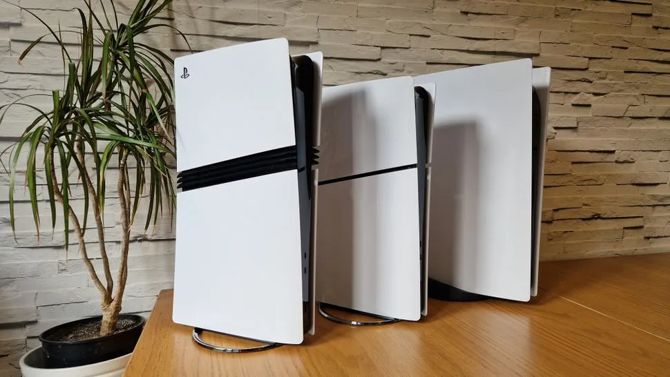 PlayStation 5 consoles lined up showing the current disc-based hardware generation