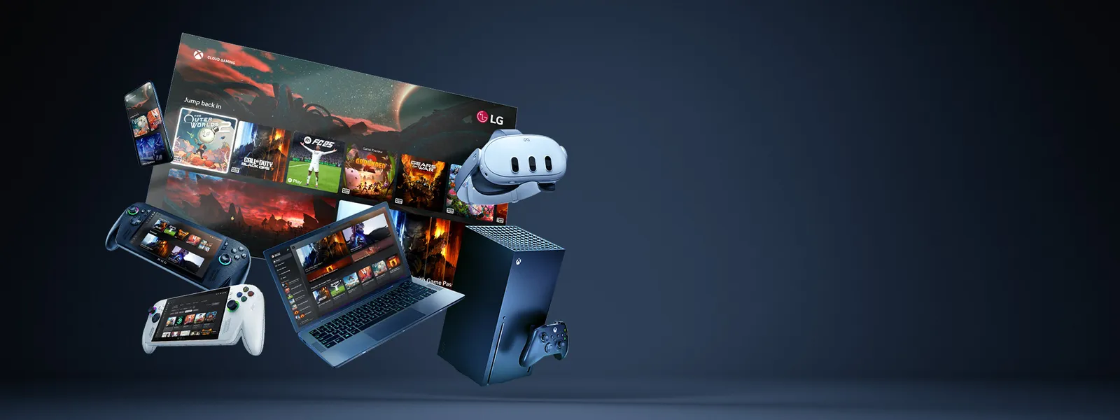 A lineup of Xbox ecosystem devices including a console, PC, mobile phone, handheld, and VR headset