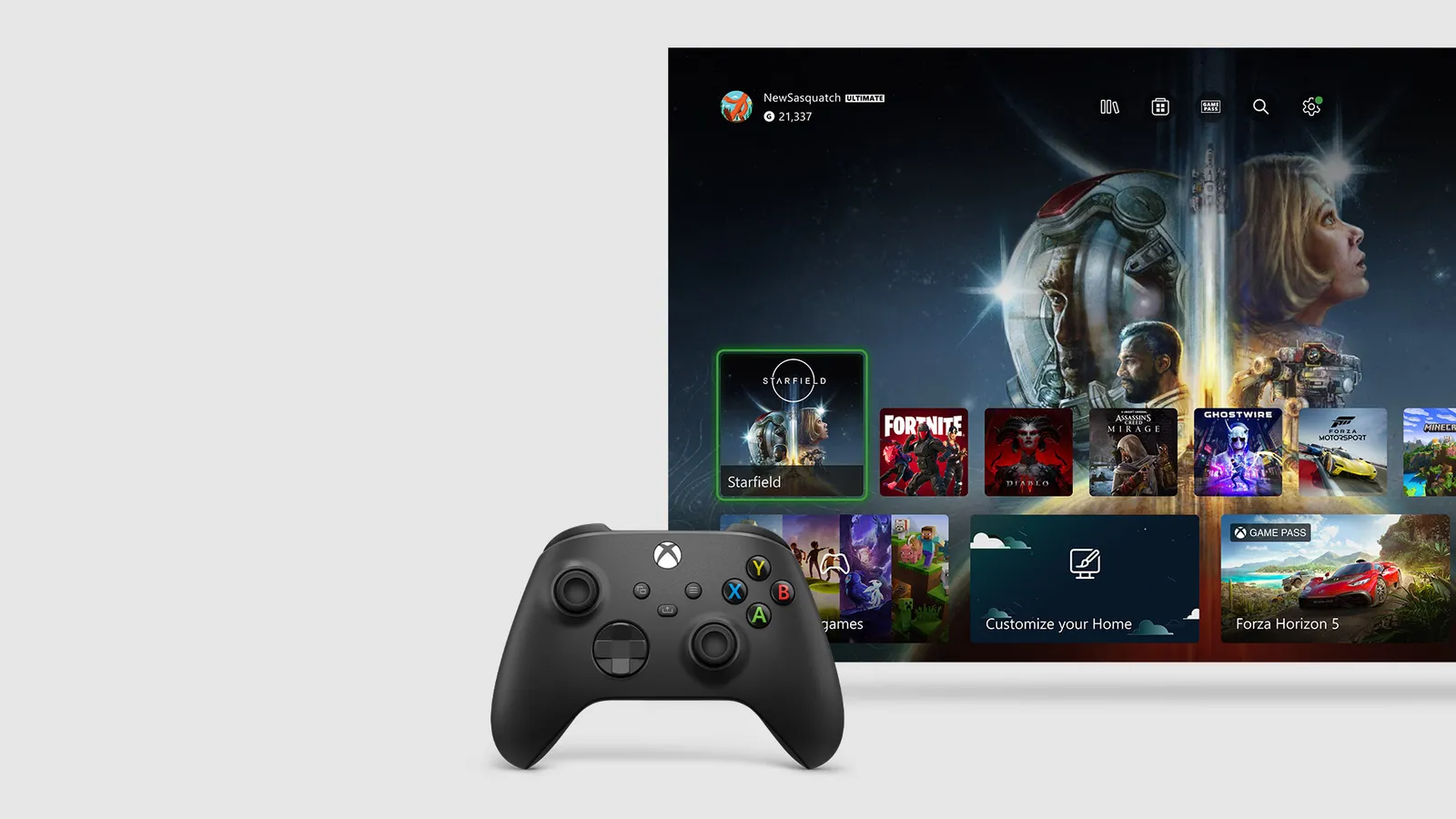 Xbox Series X dashboard interface displayed on a television screen