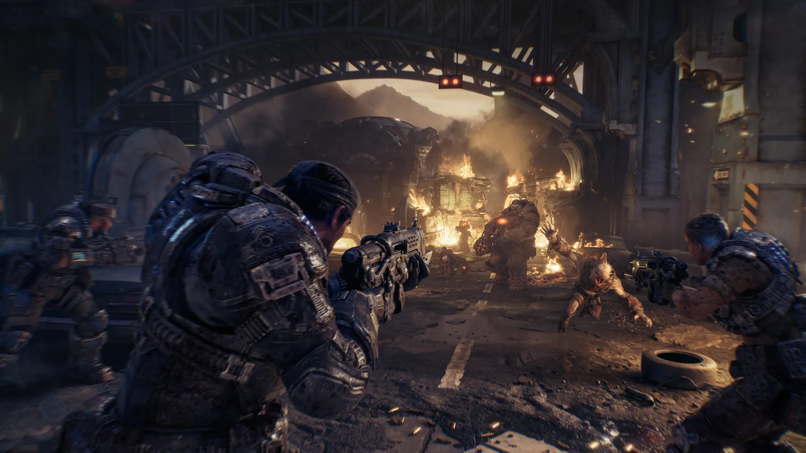 Official Gears of War E-Day screenshot showing COG soldiers in a ruined city