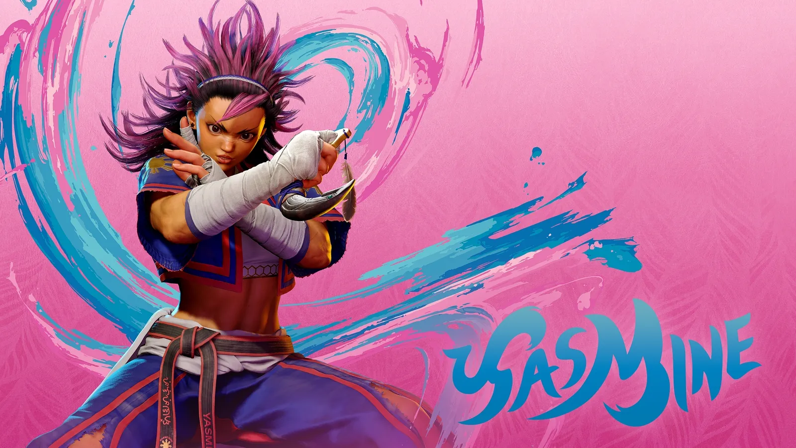 Yasmine in her main outfit wielding a karambit knife in Street Fighter 6