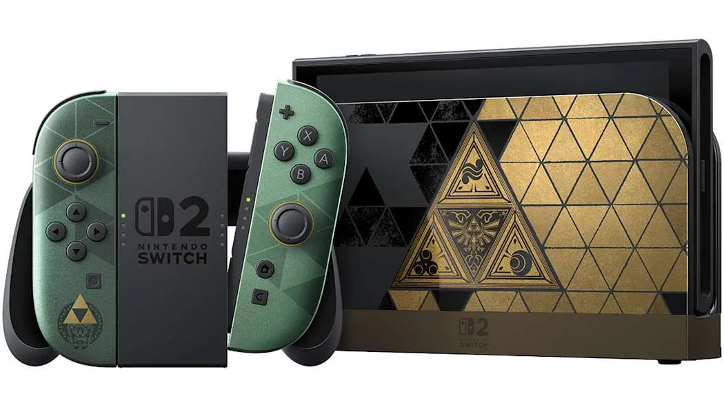 Zelda 40th Anniversary Nintendo Switch 2 Joy-Con controllers attached to the console with Triforce accents