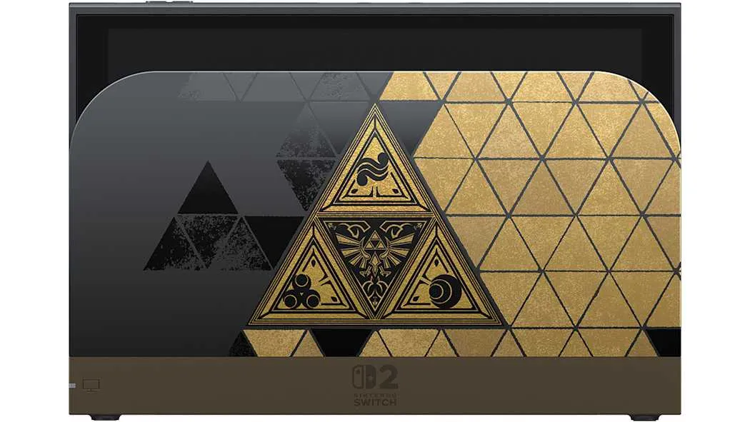Zelda 40th Anniversary Nintendo Switch 2 console docked next to its matching black and gold dock