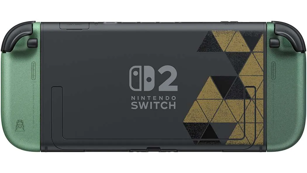 Back view of the Zelda 40th Anniversary Nintendo Switch 2 console showing the black and gold finish