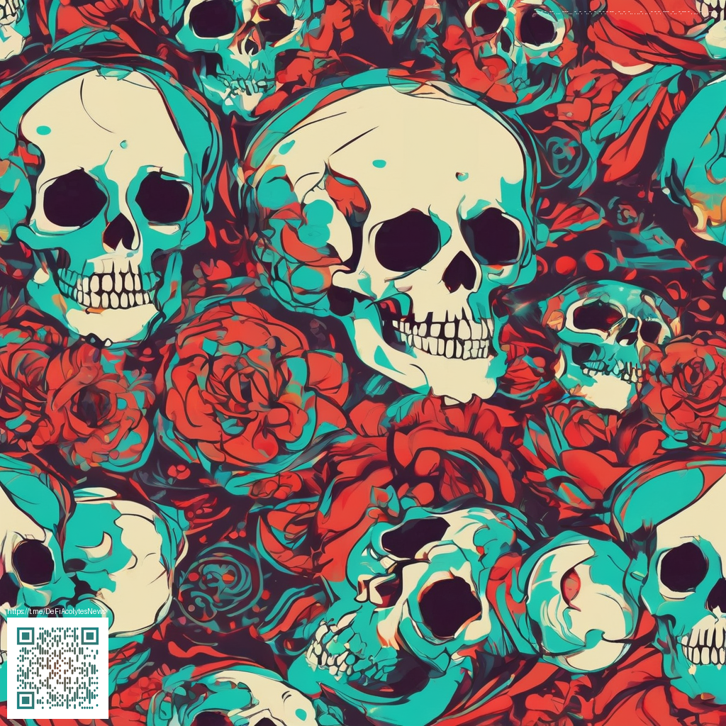 Abstract crypto-themed illustration featuring DeFi overlay and skull motifs on a dark background