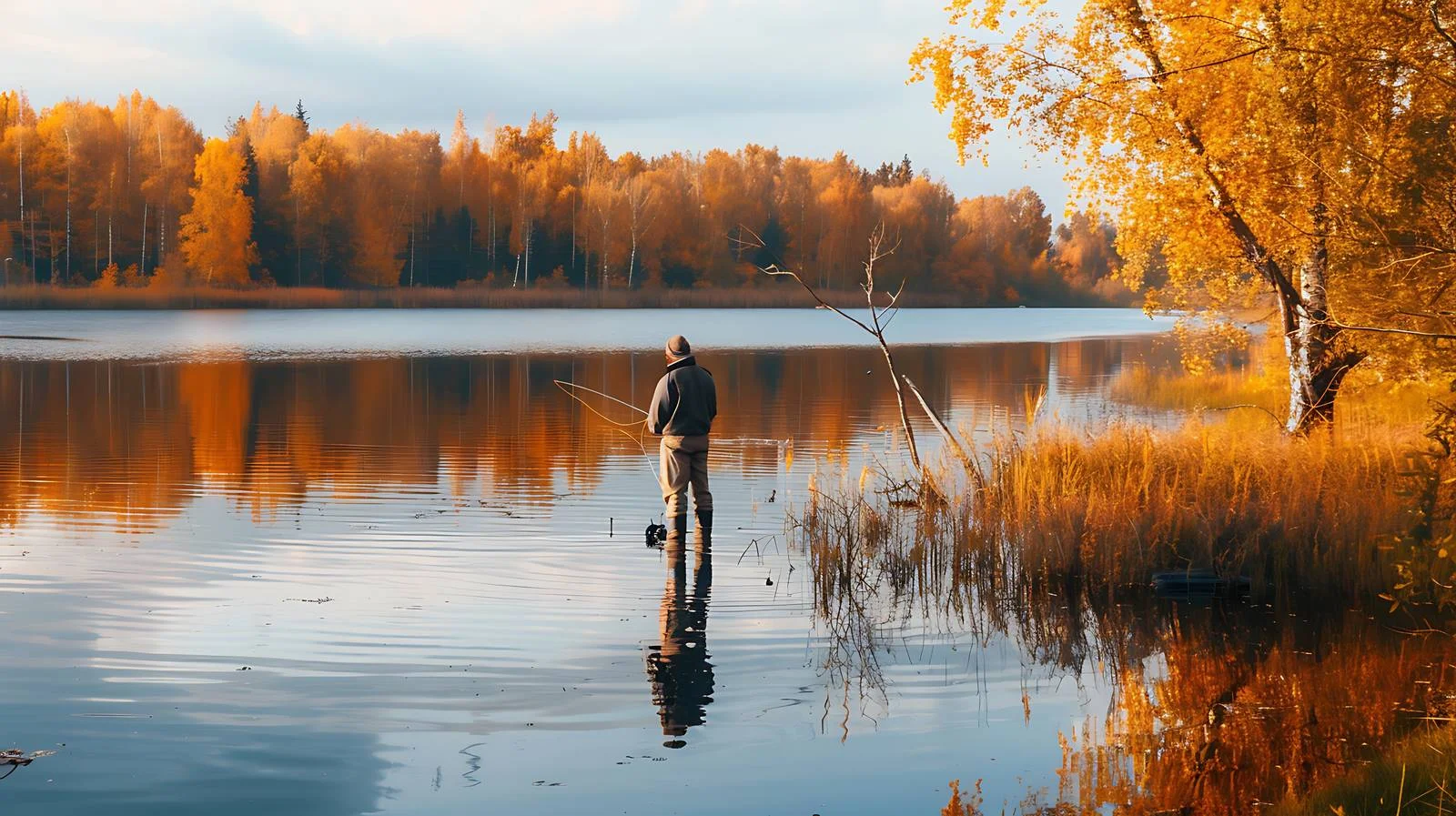Vintage Caucasian Fisherman Fishing on Calm Lake — free download from Dotvec