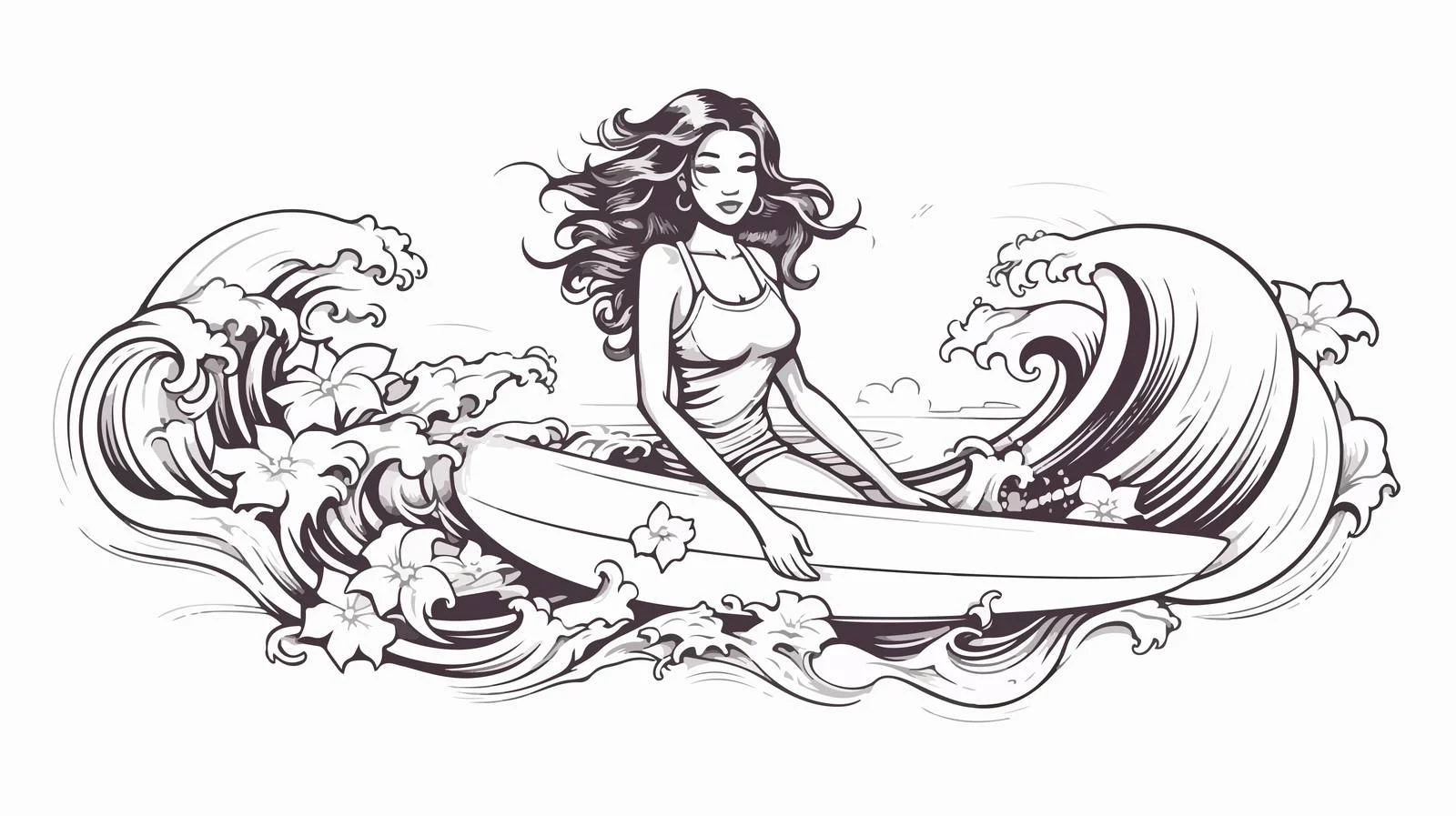 Hand-drawn Surfboard Woman Badge — free download from Dotvec