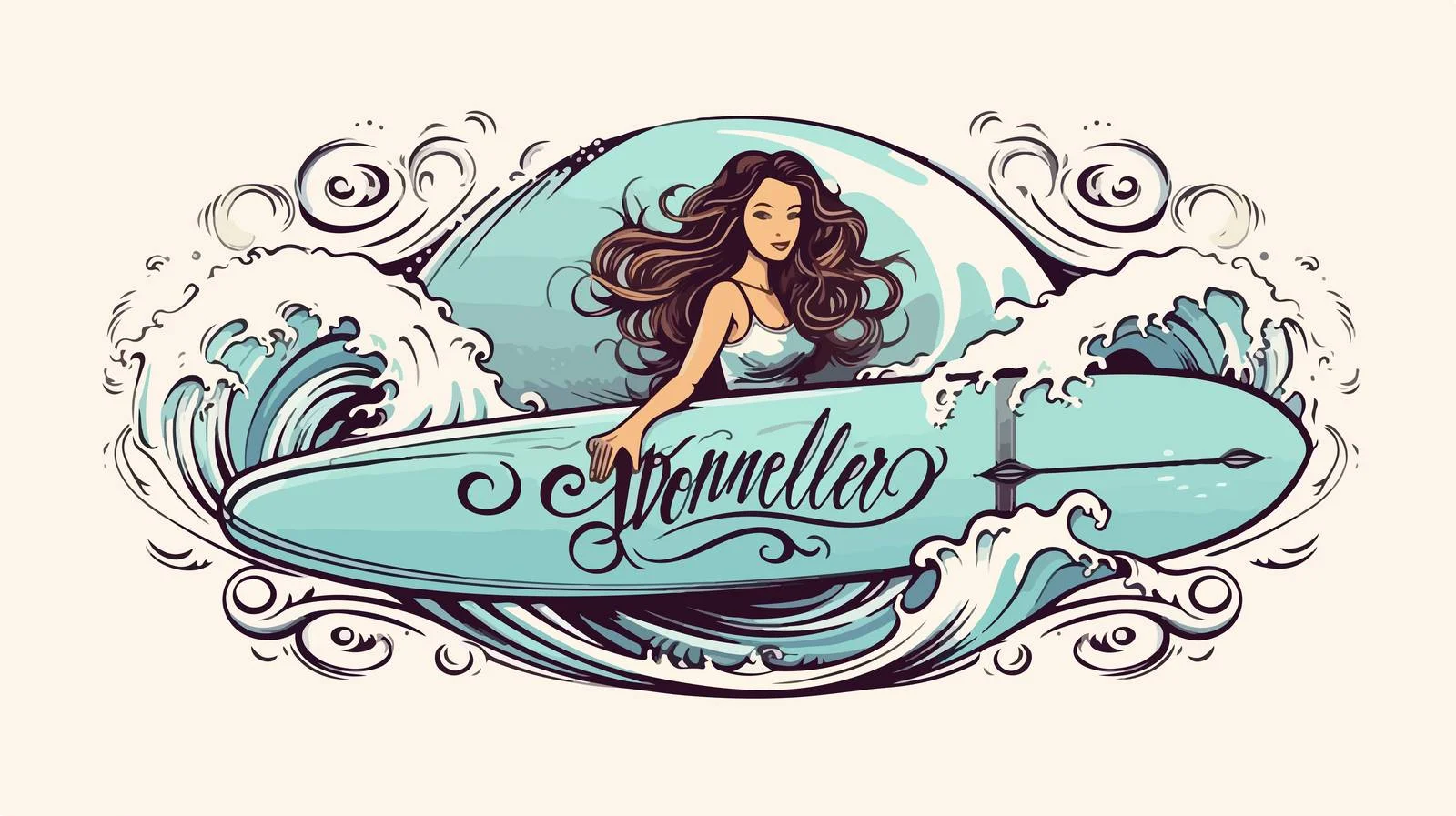 Hand-Drawn Surf Badge with Woman on Waves — free download from Dotvec