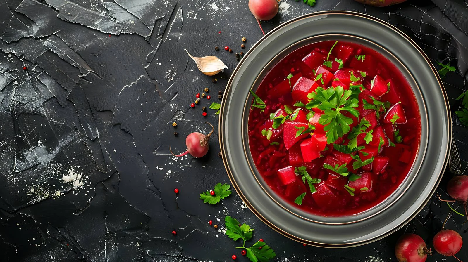 Vibrant red beet borscht on black — free download from Dotvec