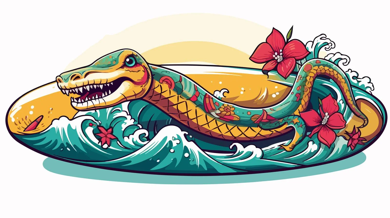 Hand-Drawn Snake Around Surfboard Illustration — free download from Dotvec