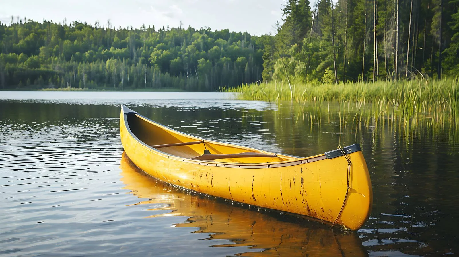 Tranquil yellow canoe glides across Minnesota lake — free download from Dotvec