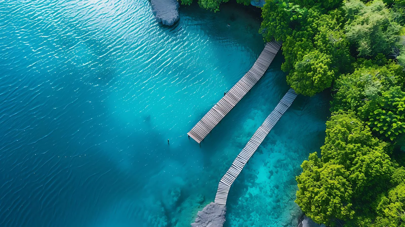 Elevated view of serene blue waters and woodland — free download from Dotvec