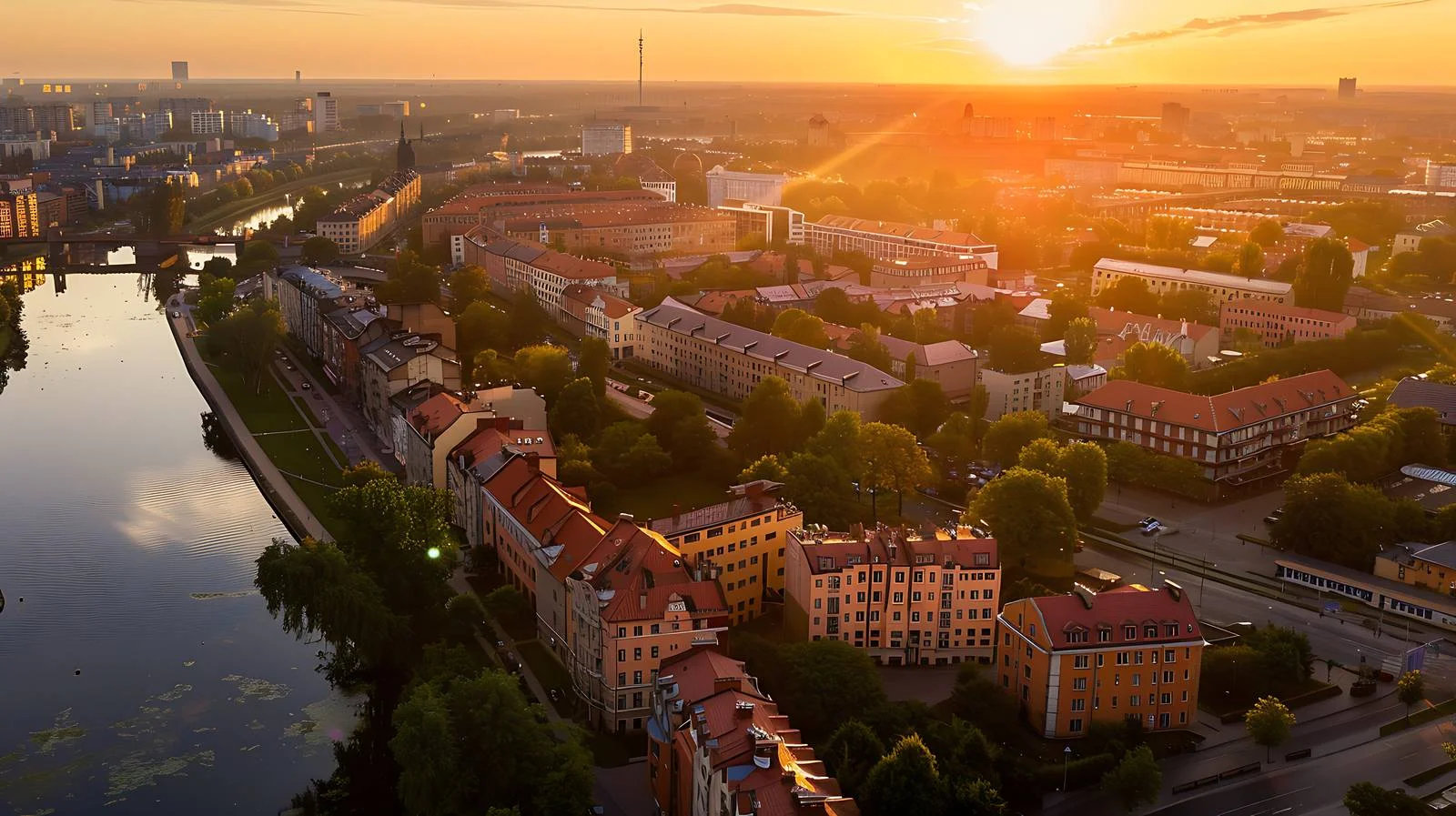 Majestic Sunset Over Lodz Cityscape — free download from Dotvec