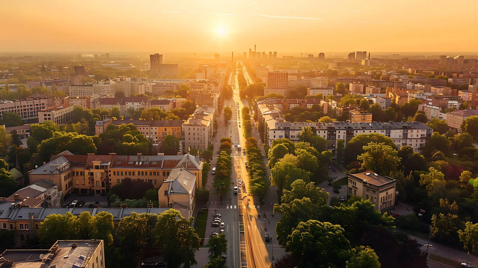 Golden Sunset Over Lodz Cityscape in Poland — free download from Dotvec