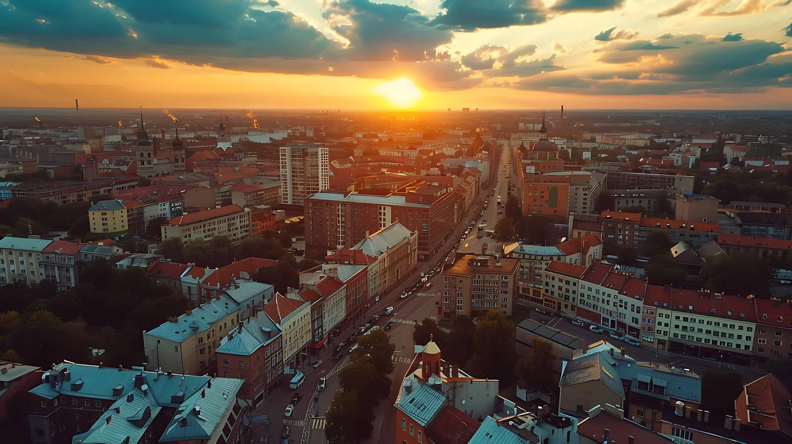 Panoramic Sunset Over Lodz Cityscape — free download from Dotvec