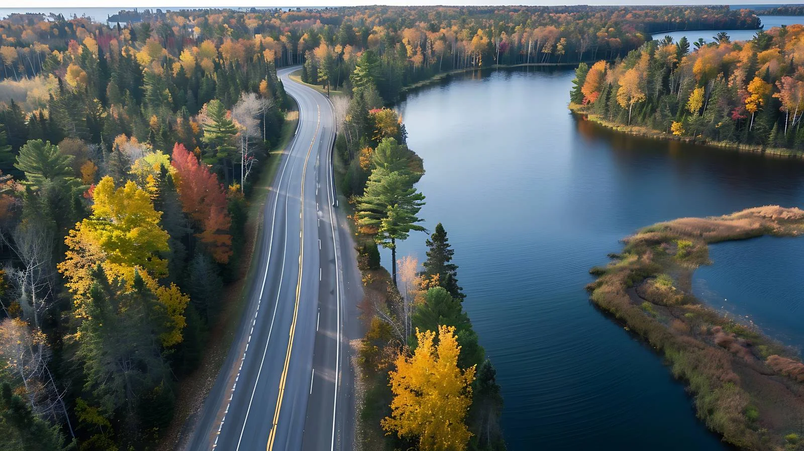 Scenic aerial view of winding road, lakes, and trees — free download from Dotvec