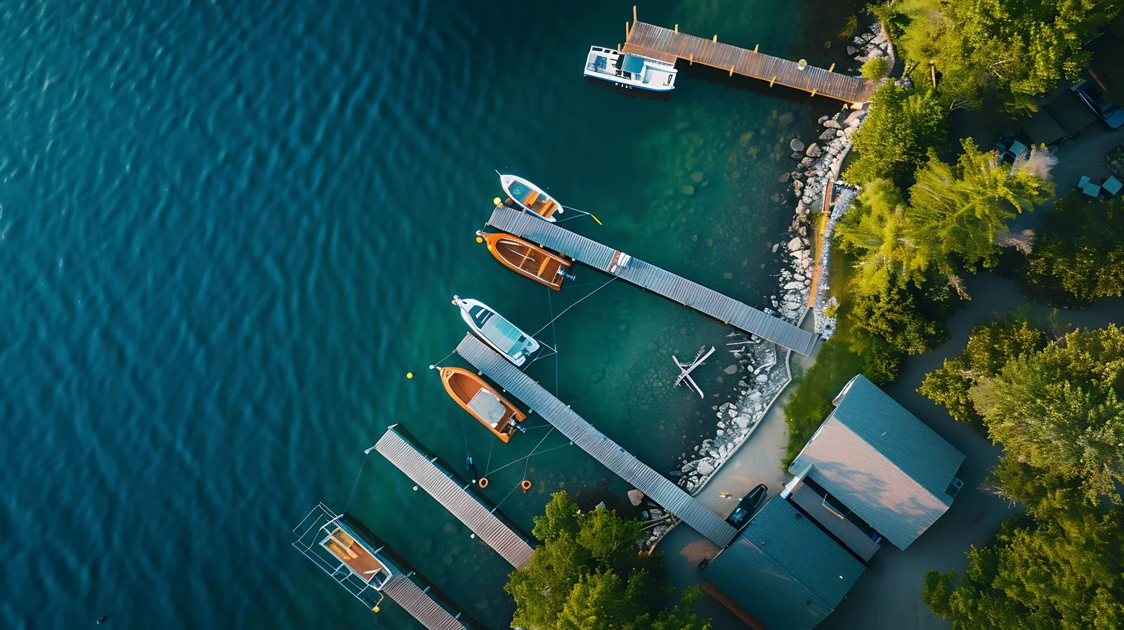 Scenic Lakeshore Dock and Boat Aerial — free download from Dotvec
