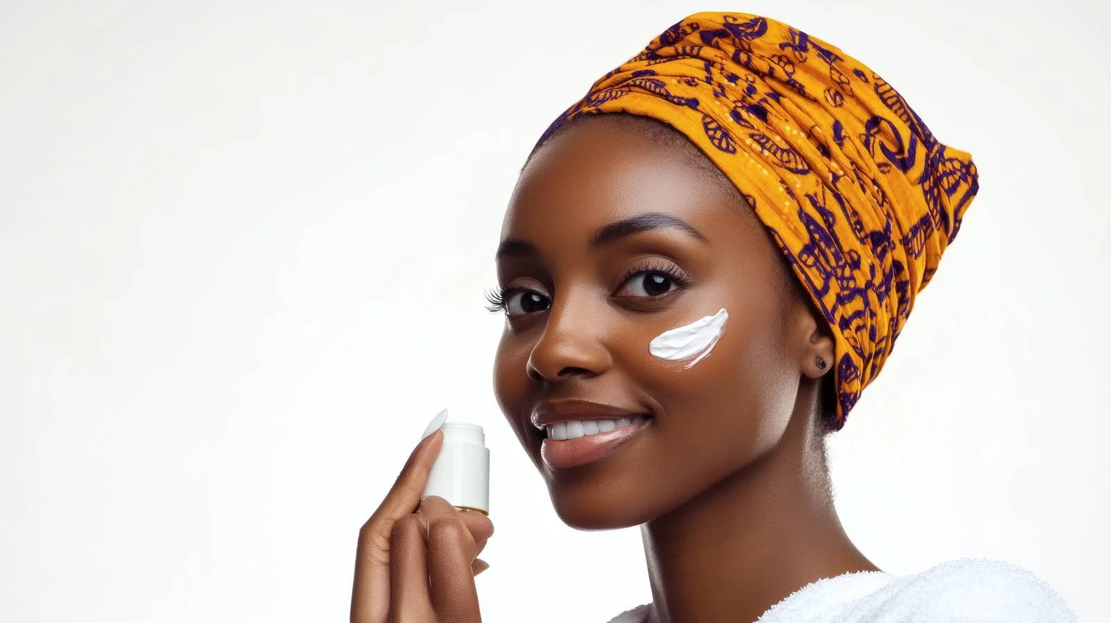 African Woman Applies Beauty Cream on White Background — free download from Dotvec