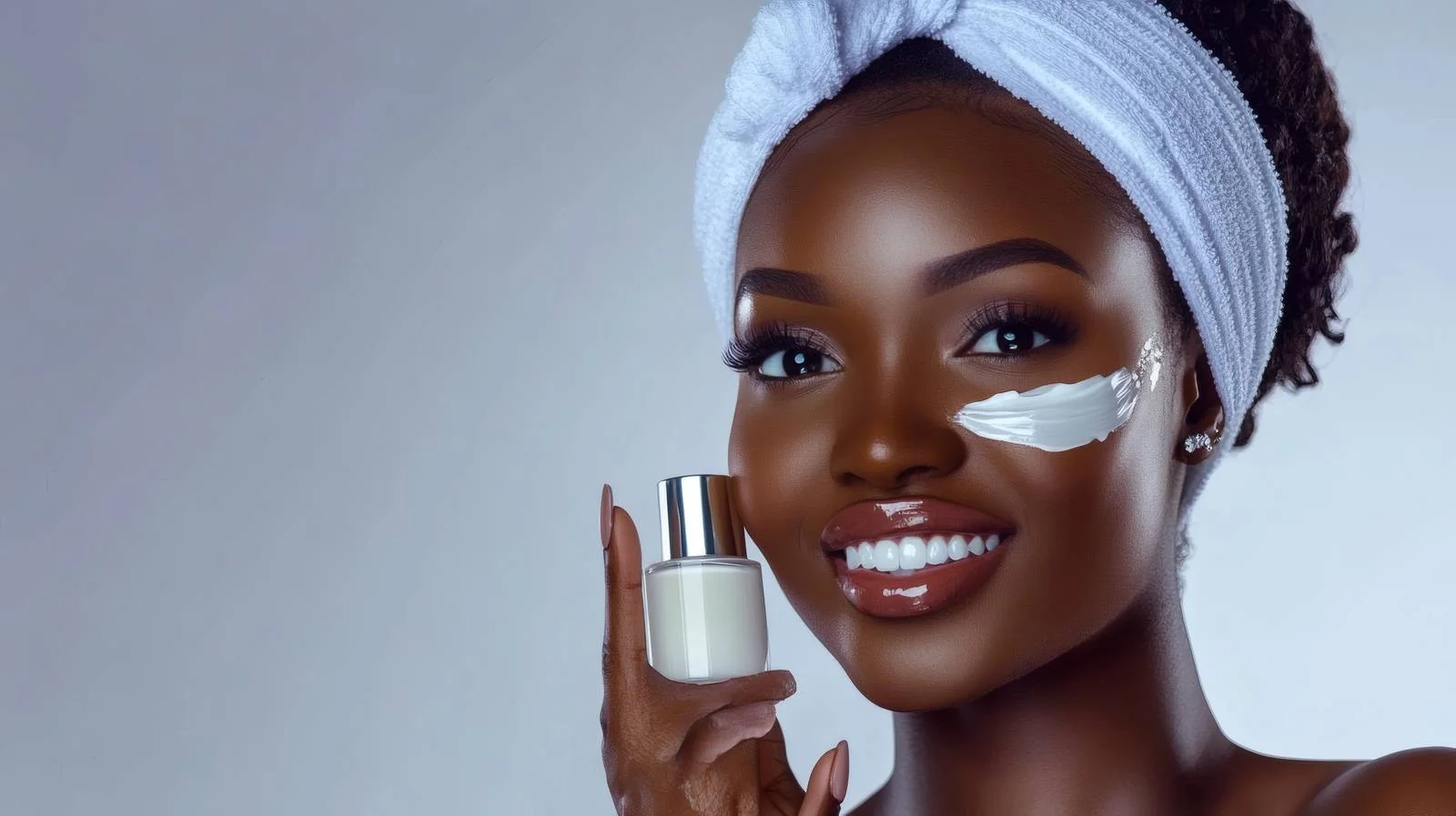 African woman applying beauty cream on white background — free download from Dotvec