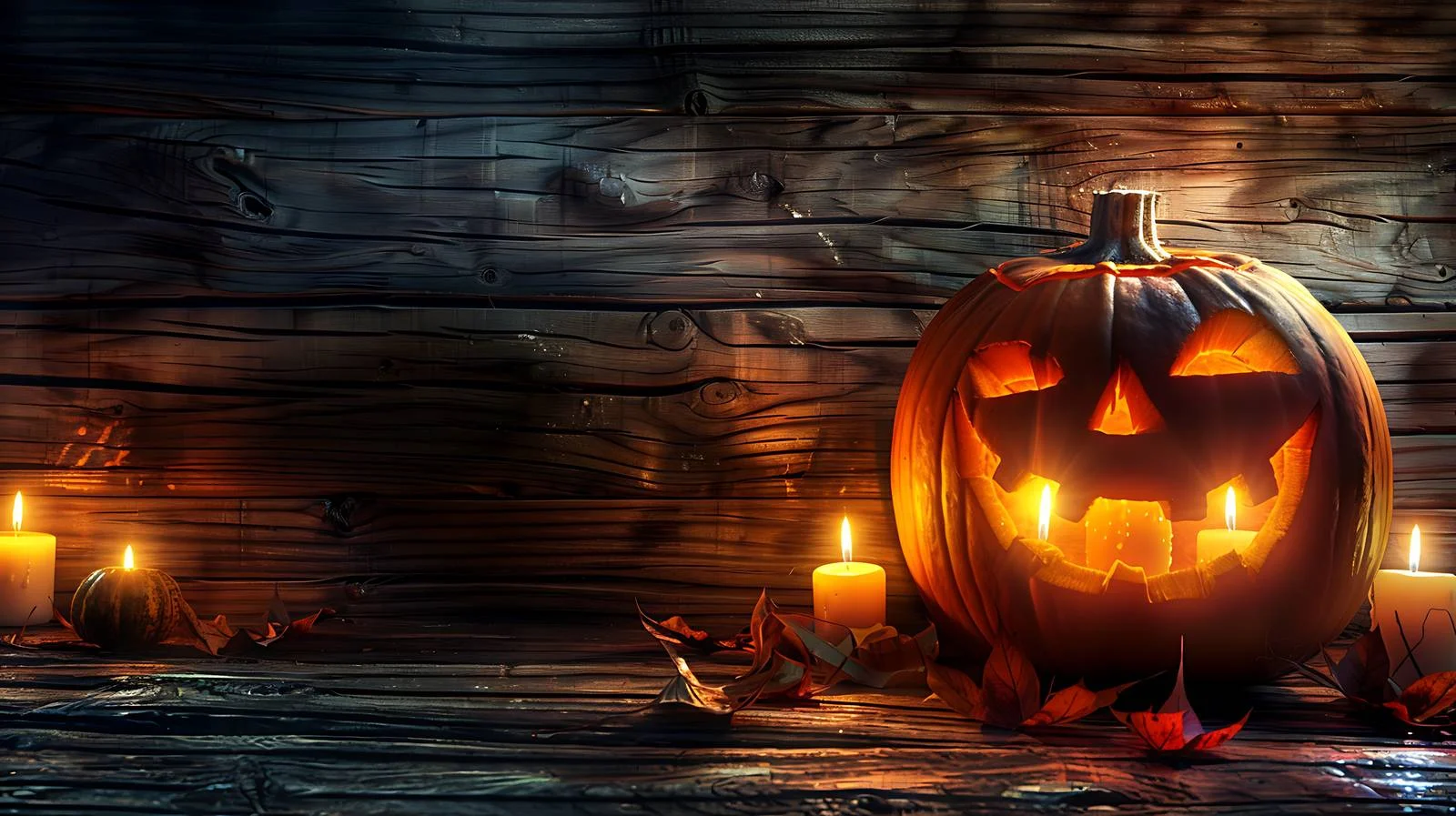 Carved Halloween pumpkins on wooden background — free download from Dotvec