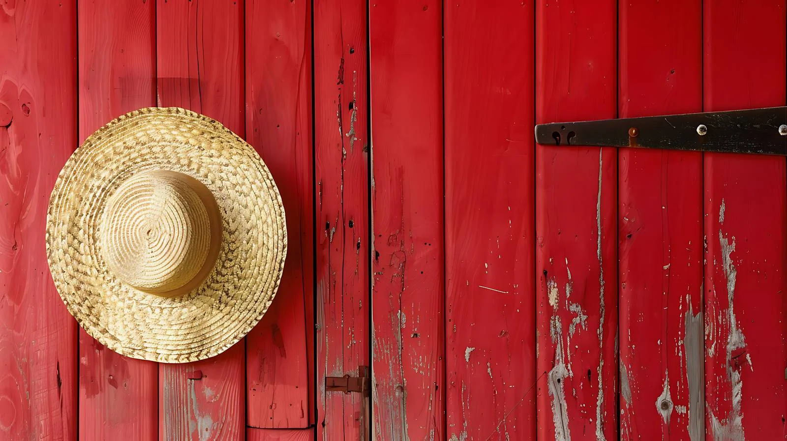 Traditional Amish straw hat on red barn door — free download from Dotvec