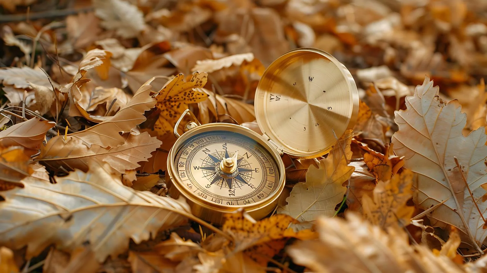 Antique Golden Compass Amid Dry Autumn Leaves — free download from Dotvec