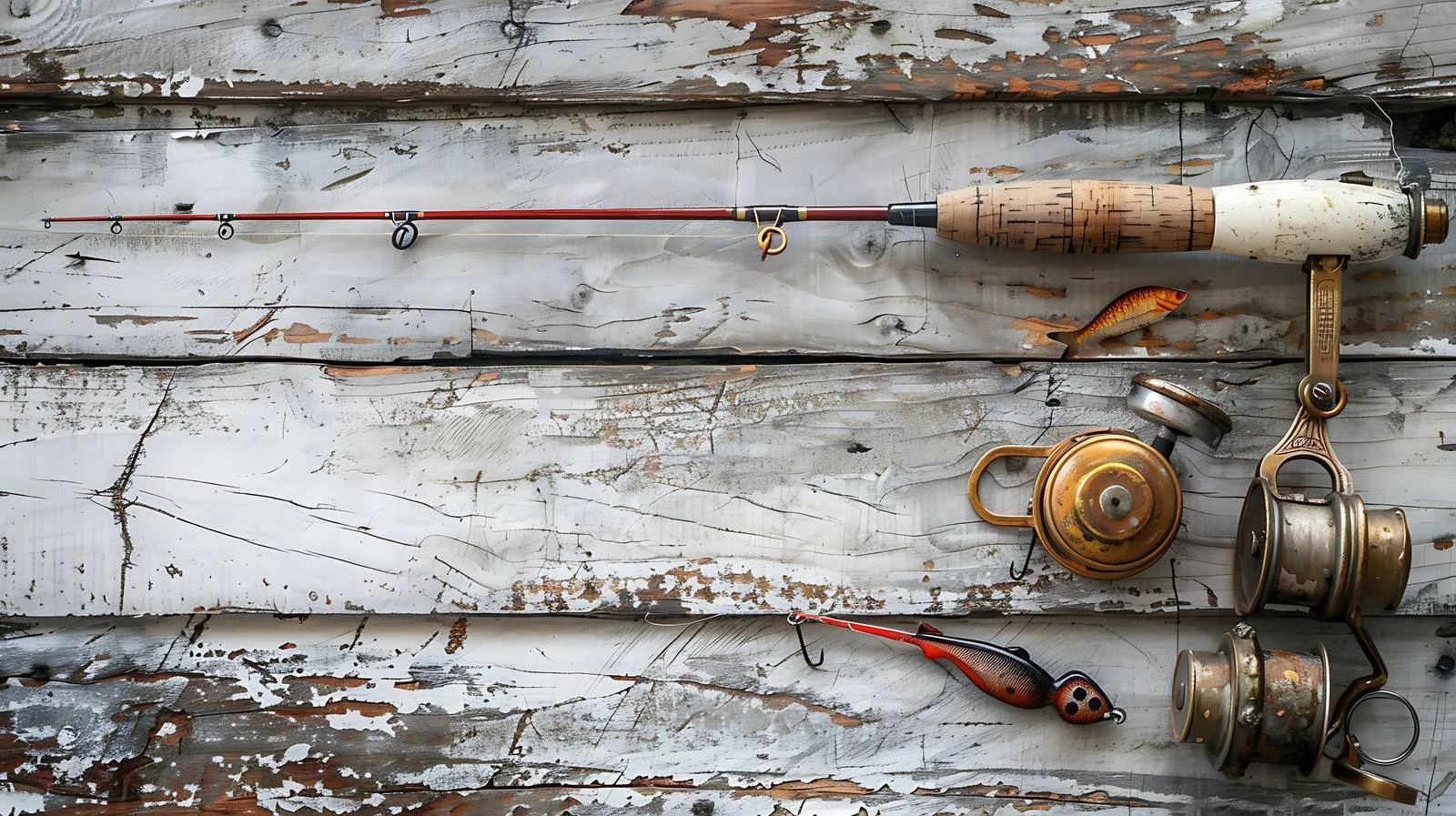 Vintage Fishing Gear on Weathered Wood Surface — free download from Dotvec