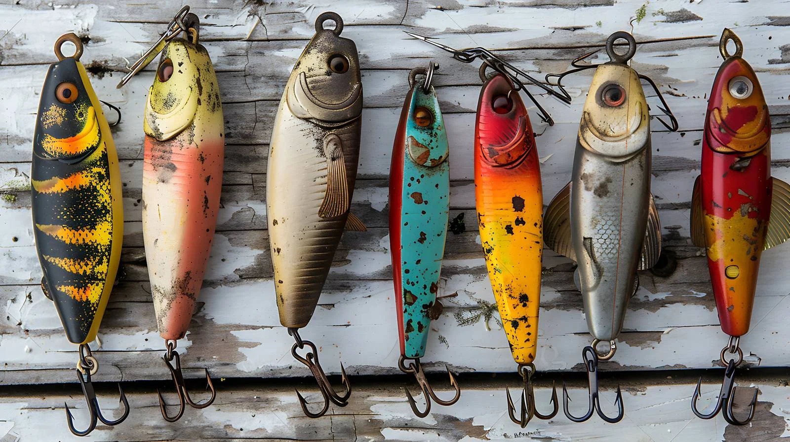 Vintage Fishing Lures on Textured Wood Surface — free download from Dotvec