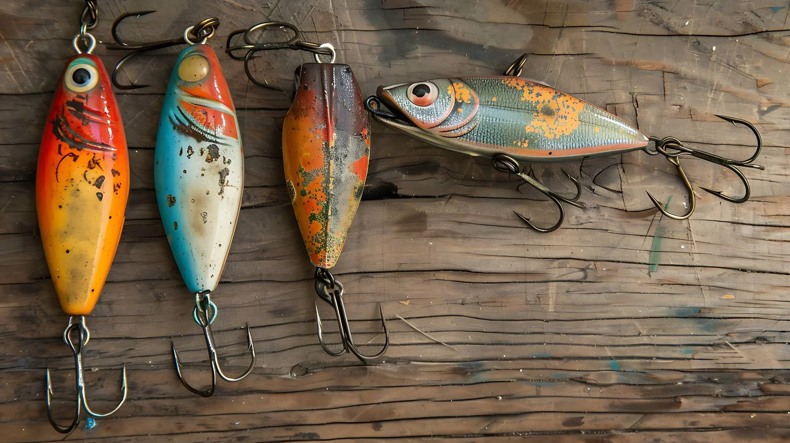 Vintage Fishing Lures on Distressed Wood – free fishermen image from Dotvec