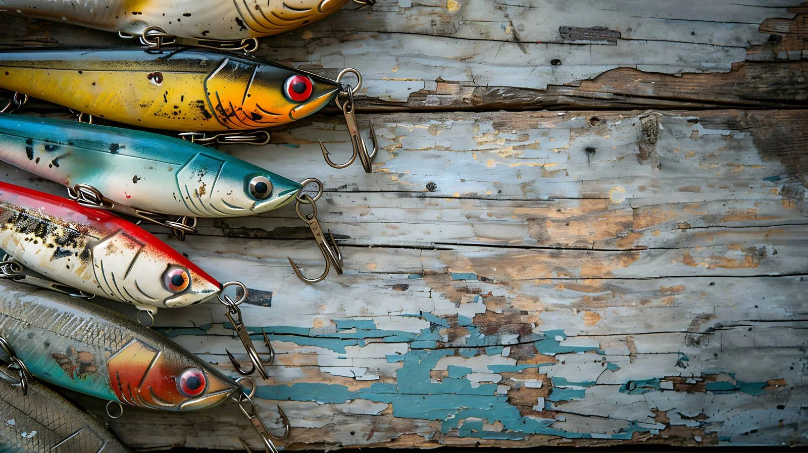 Vintage Fishing Lures on Weathered Wood Surface – free lures image from Dotvec