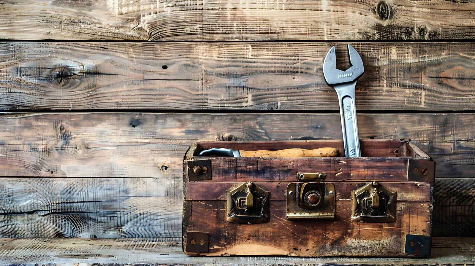 Vintage Toolbox and Tools on Wooden Surface — free download from Dotvec