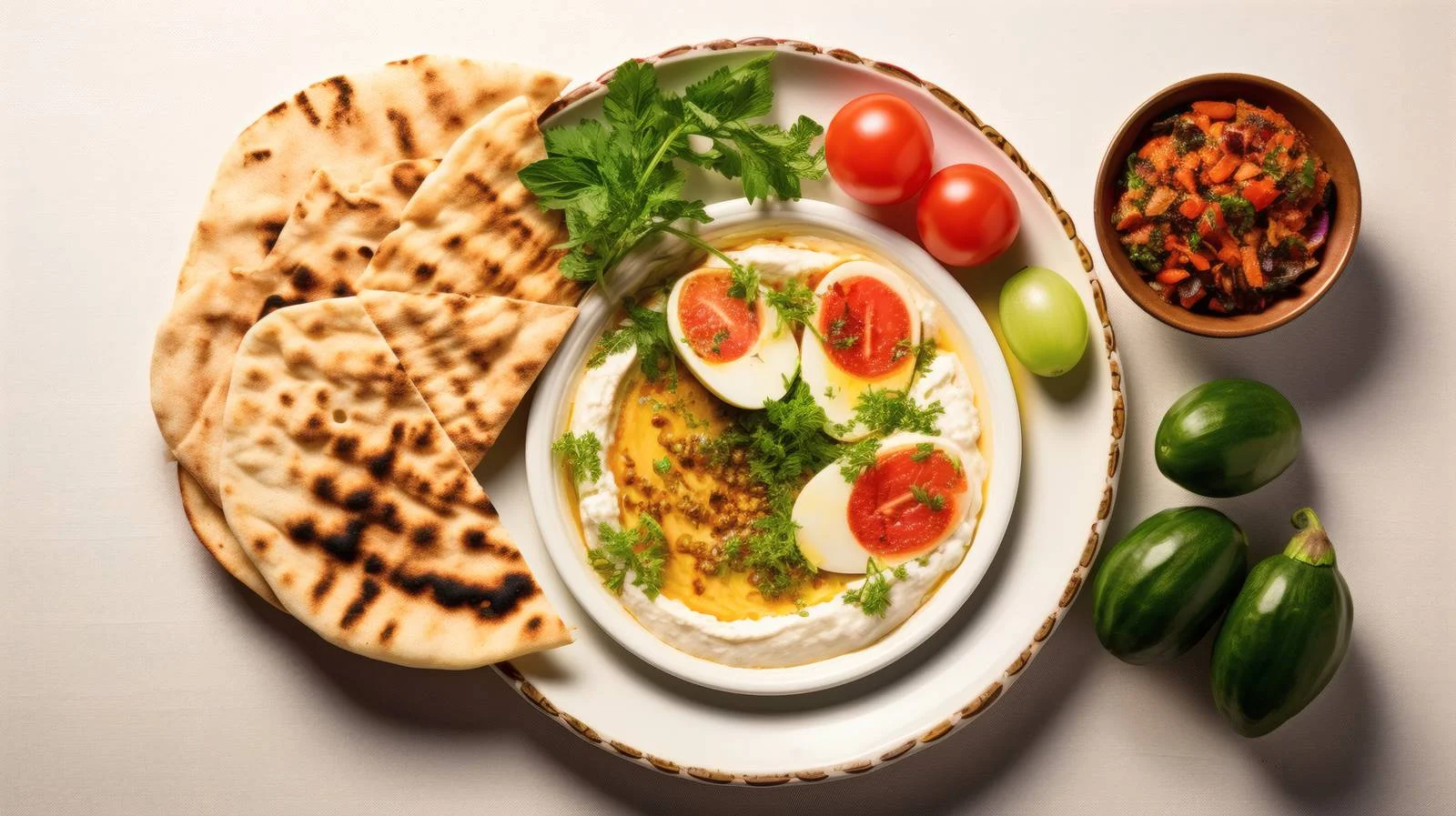 Exquisite Arabic Breakfast with Labneh, Manakeesh, Vegetables — free download from Dotvec
