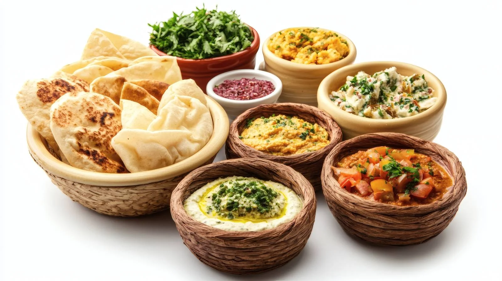 Traditional Arabic Breakfast Mezze Dips on White Background — free download from Dotvec