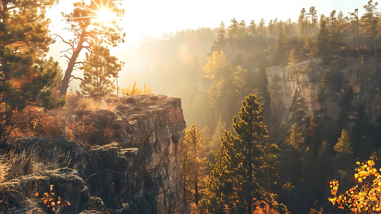 Sunlit cliff and forest with lens flare — free download from Dotvec