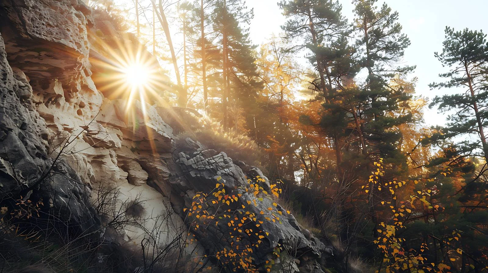 Sunlit Cliff and Pine Tree Silhouettes — free download from Dotvec
