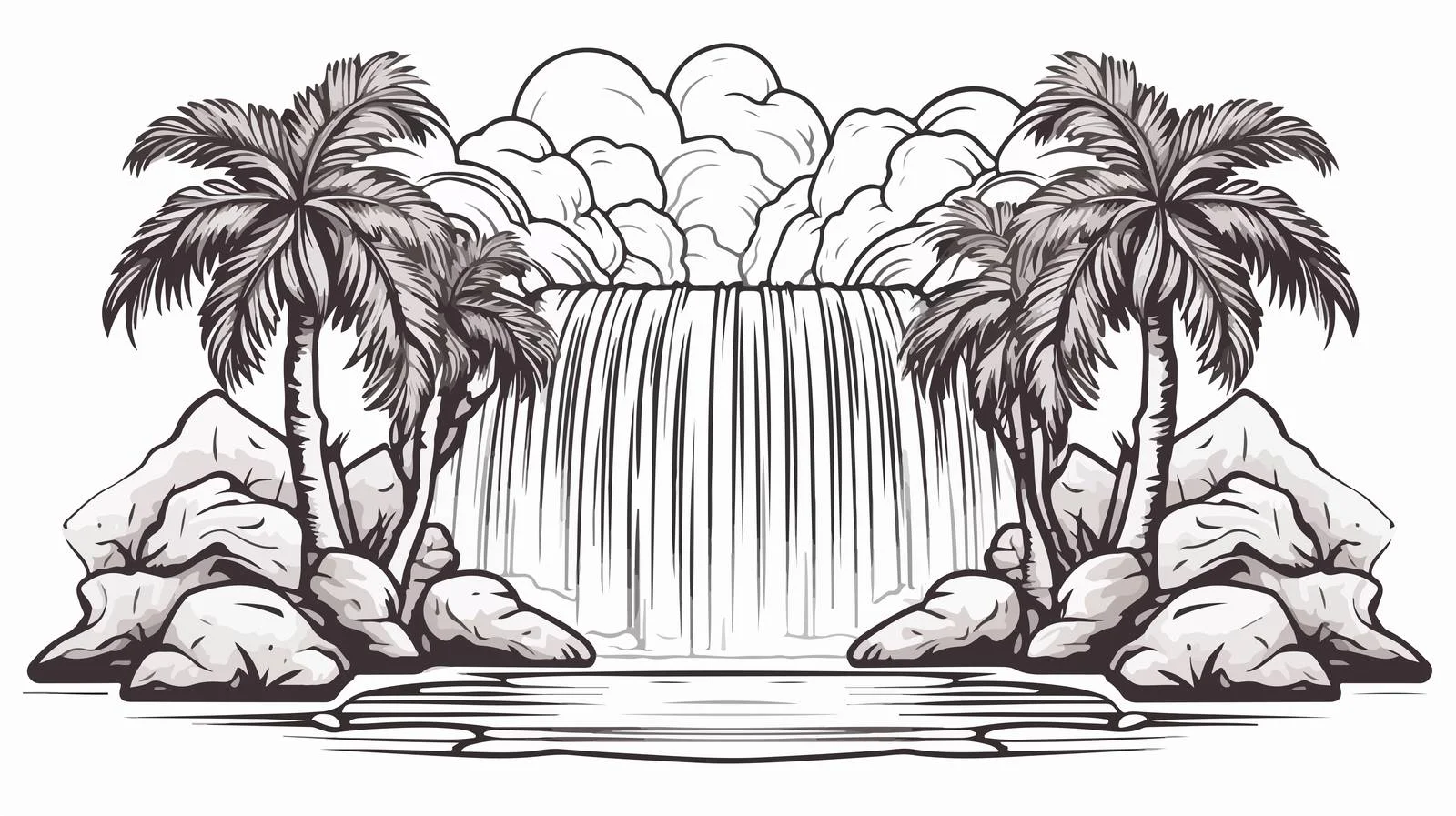Hand-Drawn Waterfall Palm Trees Badge — free download from Dotvec