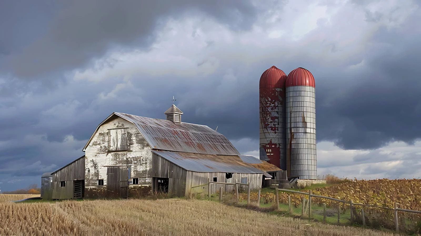 Rural Midwestern farm under dramatic storm — free download from Dotvec